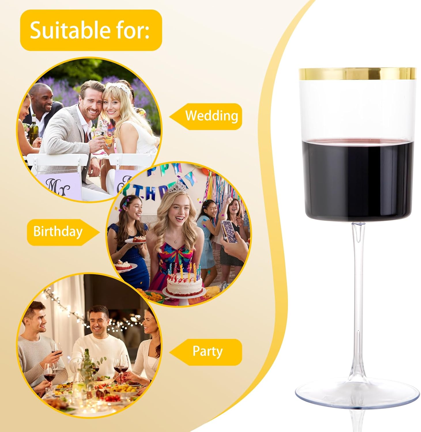 Ciaell 12 Pack Plastic Wine Glasses - 14 Oz Plastic Wine Glasses with Stem - Square Gold Disposable Stemmed Glass for Parties & Weddings & Outdoors - Image 8