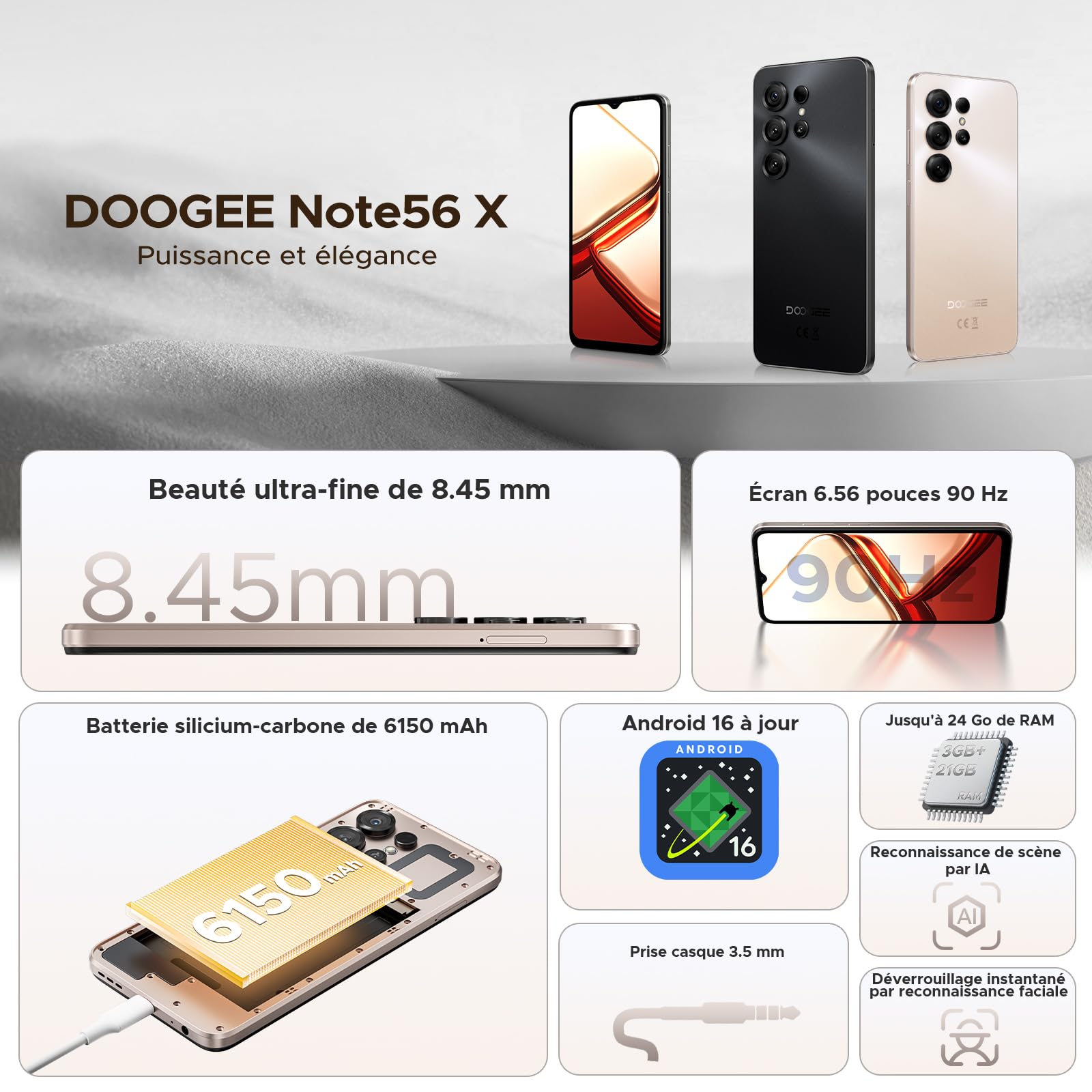 NOTE56 X Android 16 Smartphone Pas Cher, 6150mAh Telephone Portable, Écran 6.56" HD+ 90Hz, 24 Go+64 Go/2 to,Octa Core, Double SIM Débloquée Smartphone, 8MP+5MP, Face ID, 3.5mm Jack,GPS,OTG