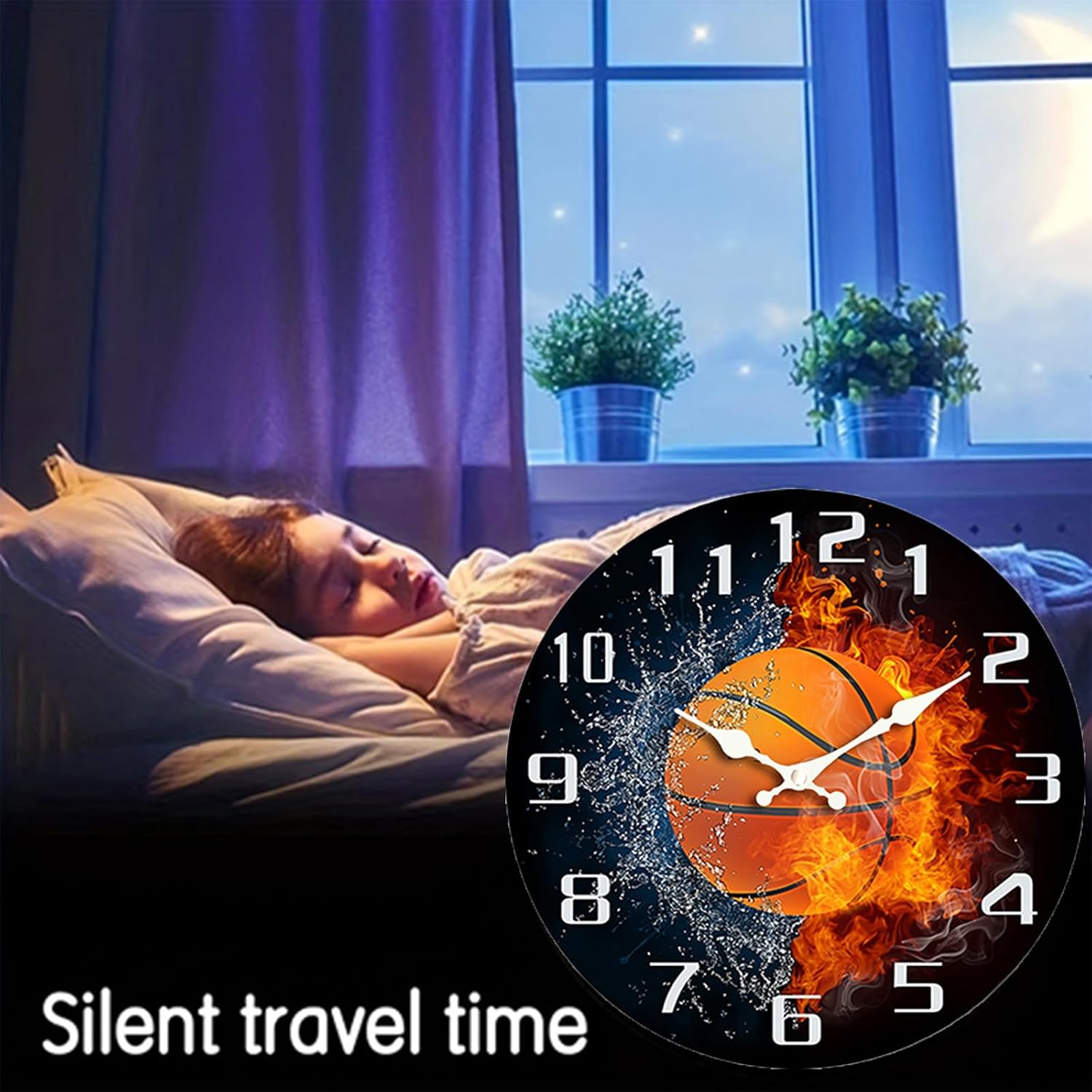 Sports Theme Wall Clock, 12 Inch Round, Silent Quartz Movement, 3D Effect Design with Soccer, Basketball, Baseball, Billiards, Modern Decorative Timepiece (Basketball, 12inch)