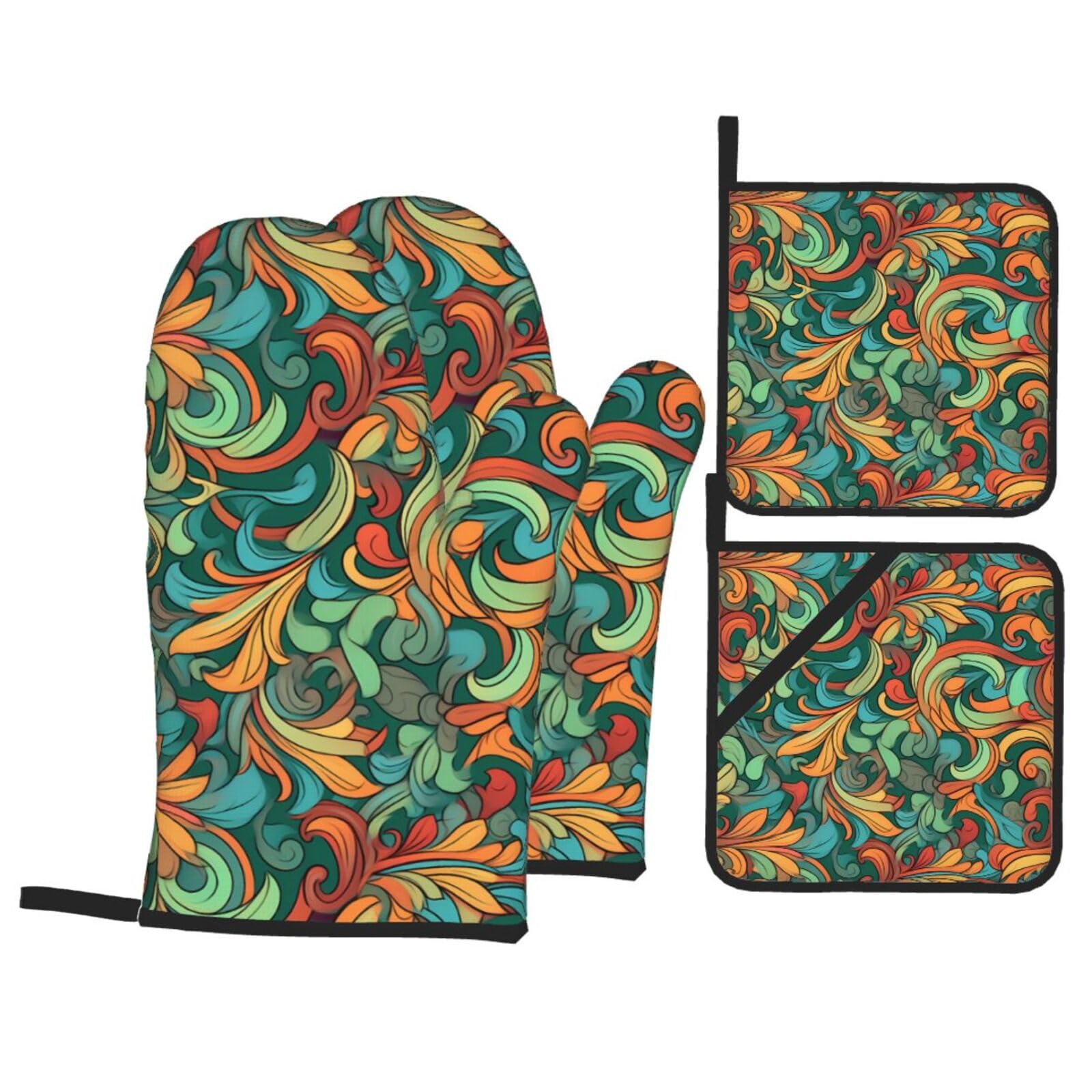 HJFCZH Colored Painting Picture Kitchen Baking Set of 4 Thick Insulated Oven Mitt & Pot Holders, Anti-Scalding for Microwave, Oven, Outdoor BBQ
