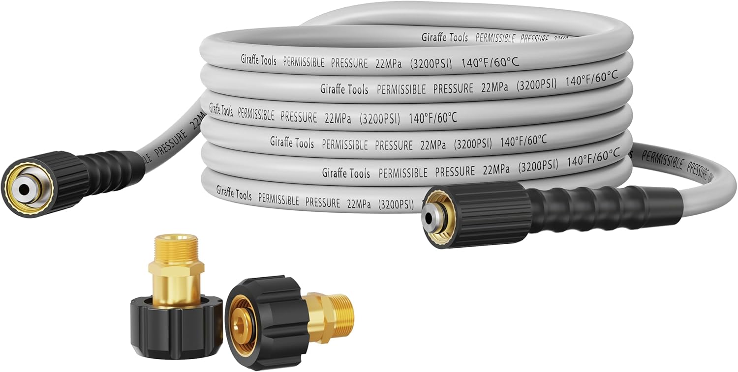 Giraffe Tools Pressure Washer Hose 25FT X 1/4", 3200 PSI Pressure Washing Hose, Kink Resistant, Heavy Duty Power Washer Hose, M22 to 3/8" Quick Connect Couplers for Replacement, 7 Accessories