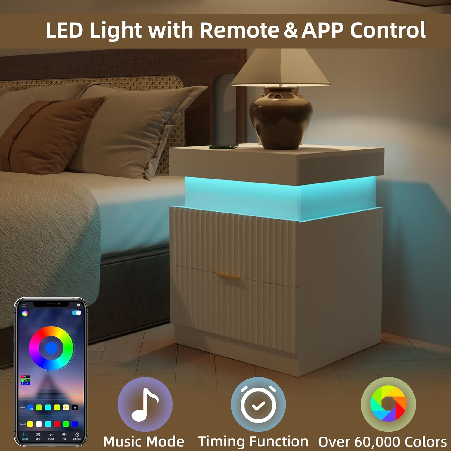 Wooden Nightstand with Charging Station & LED Lights, Modern Fluted Bedside Table with Sliding Top & Drawers for Bedroom & Living Room, White