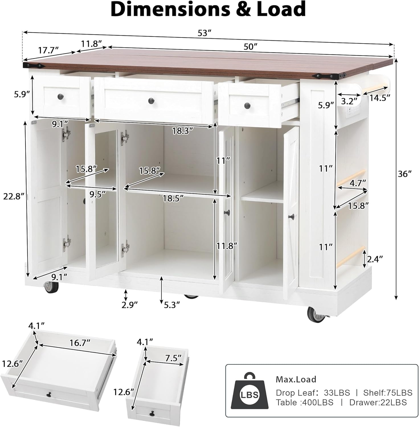 Merax 53'' Farmhouse Kitchen Island with 2 Tempered Glass Cabinet Doors, Power Outlet, 3 Drawers, Rolling Kitchen Storage Cart on Wheels with Drop Leaf, 5 Open Racks for Dining Room, White