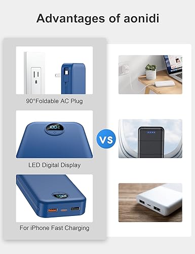 Miniatura 3 de Cargador ultraportátil de 20000 mAh PD20W con cables integrados y enchufe de pared de CA, cargador de teléfono celular de carga rápida, pantalla