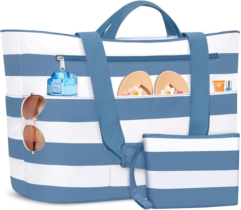 Extra Large Beach Bags Waterproof Sandproof XL Beach Tote Bag for Women Zipper Foldable Swim Pool Bag with Wet Pocket