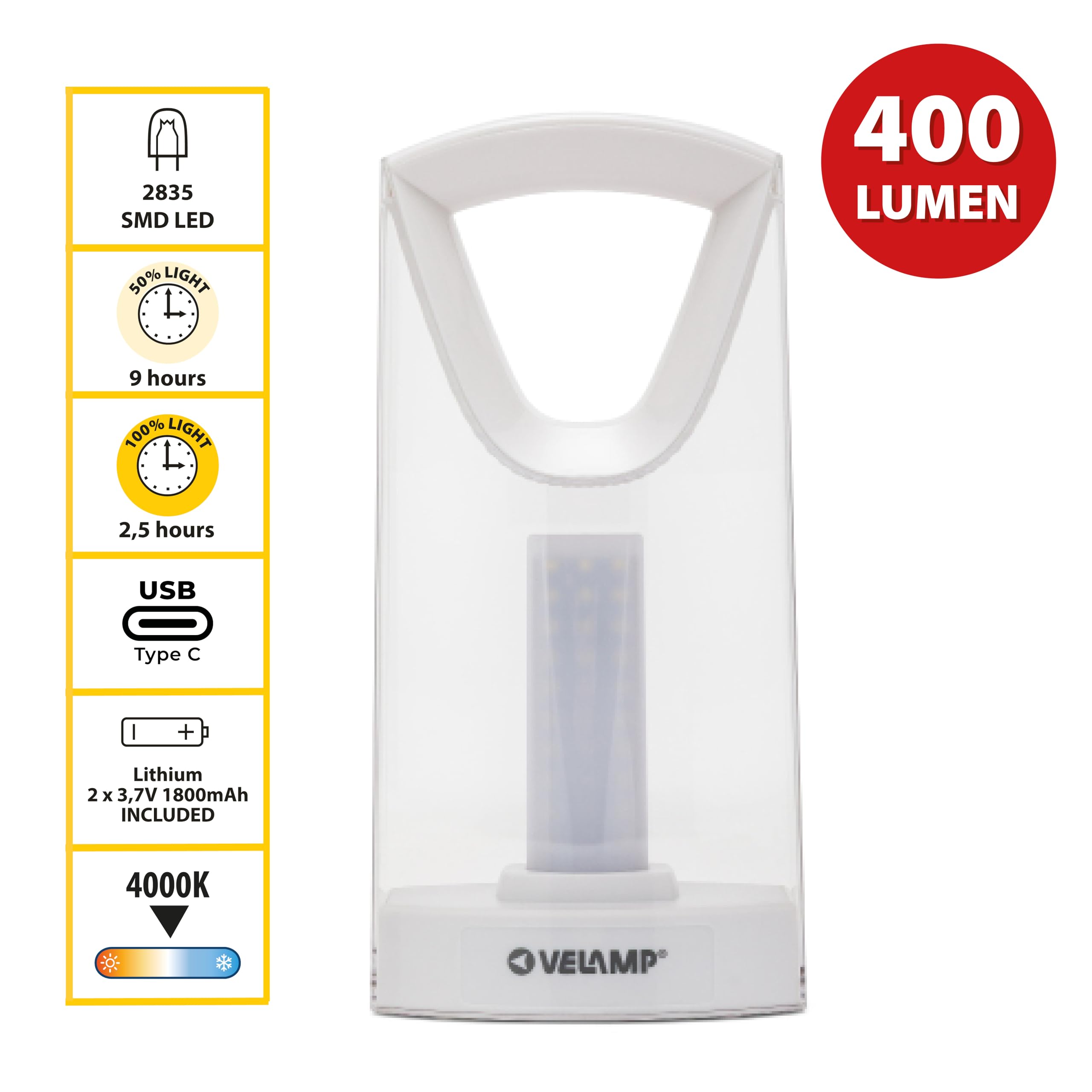 Velamp Lampada di Emergenza Portatile Ricaricabile 400 lumen, Lampada LED con funzione anti-blackout, Luce naturale 4000K - Dimmerabile - Con cavo USB, Sicura, Leggera e Compatta