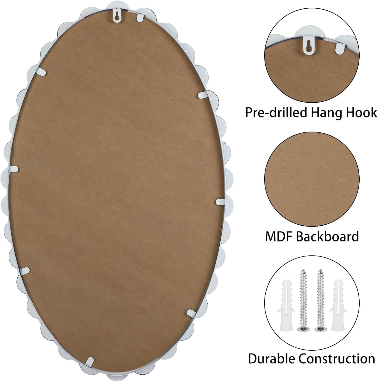 Oval Round Wall Mirror - 30 Inch Decorative Framed Bathroom/Living Room Accent Mirror with Beaded Ball Trim - Vintage Modern Style White Mirror