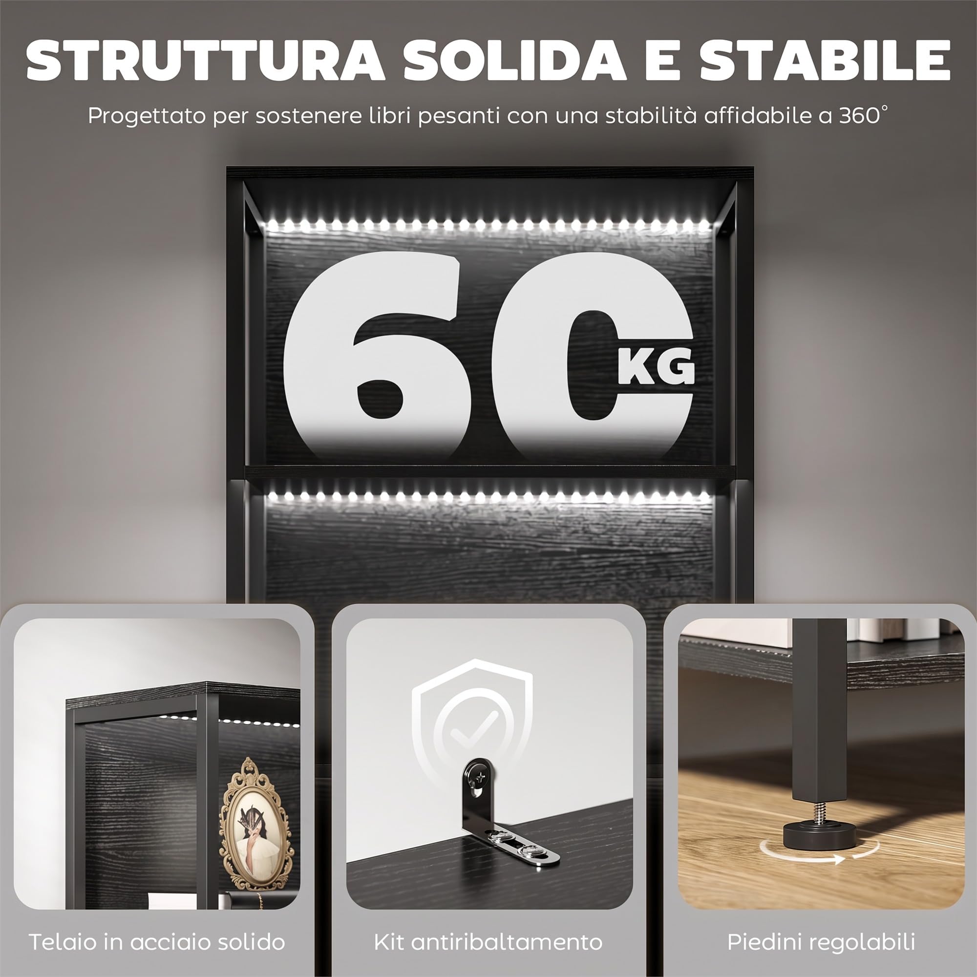 HOMCOM Libreria Scaffale a 5 Ripiani con Luci LED 60x30x179 cm Nero