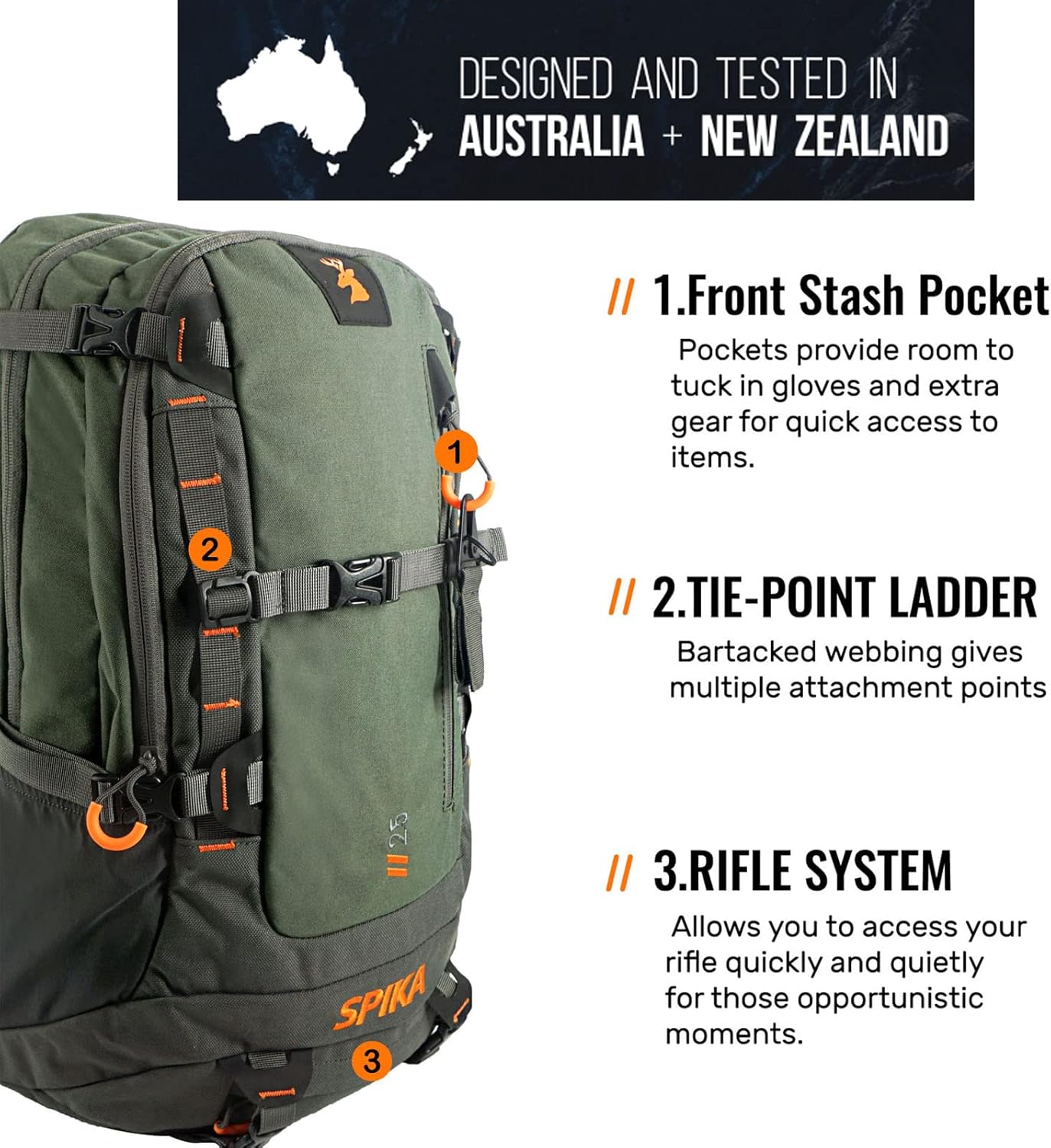 SPIKA Hunting Backpacks for Men, 25L Green Hunting Day Pack with Water Bladder, Removable Waist Belt, Rifle Holder, Internal Ammo Storage and Rain Cover - Image 3