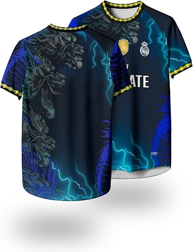 PLAY FUSION Dragon Jersey, White to Black Gradient Design with Turquoise Dragon Graphics, Sports T-Shirt