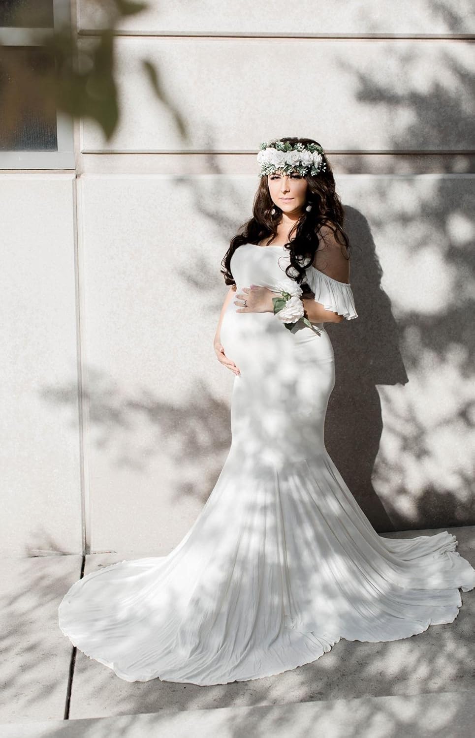 Saslax Off Shoulder Ruffle Sleeves Elegant Fitted Maxi Maternity Dress for Photoshoot Baby Shower : Clothing, Shoes & Jewelry