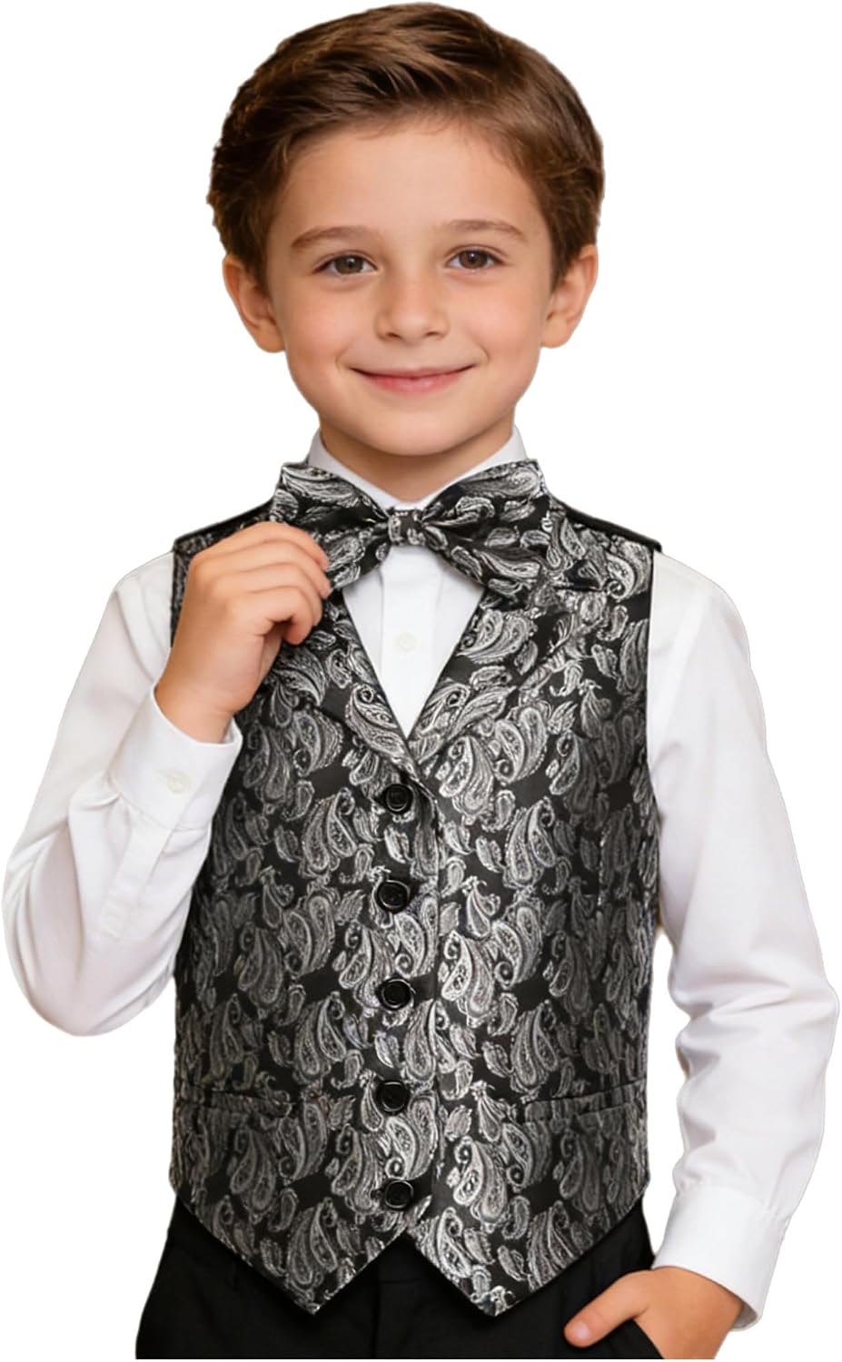 Choomomo Boys 2 Pieces Jacquard Waistcoat Tuxedo Dress Vest Bow Tie Set for Suit or Tuxedo