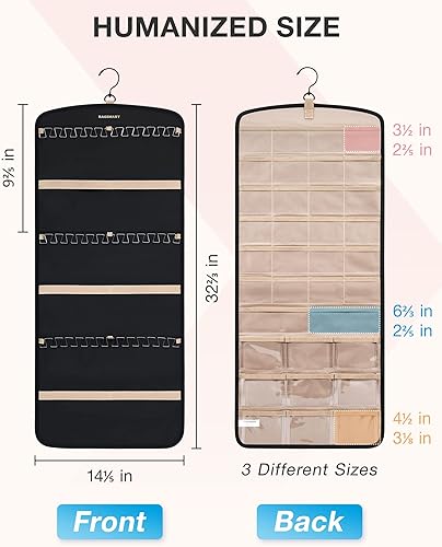 Miniatura 6 de BAGSMART Organizador colgante de joyas, soporte para collares, aretes y anillos, con 20 bolsas de joyería, rollo de almacenamiento de viaje con Negro