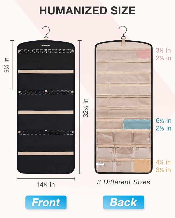 BAGSMART Hanging Jewelry Organizer, Necklace Holder Anti-tangle Earrings Rings Hanger with 20 Jewelry Bags Travel Storage Roll with Pockets Hang on Closet, Wall, Door,1 Piece, Large, Black by BAGSMART - Image 6