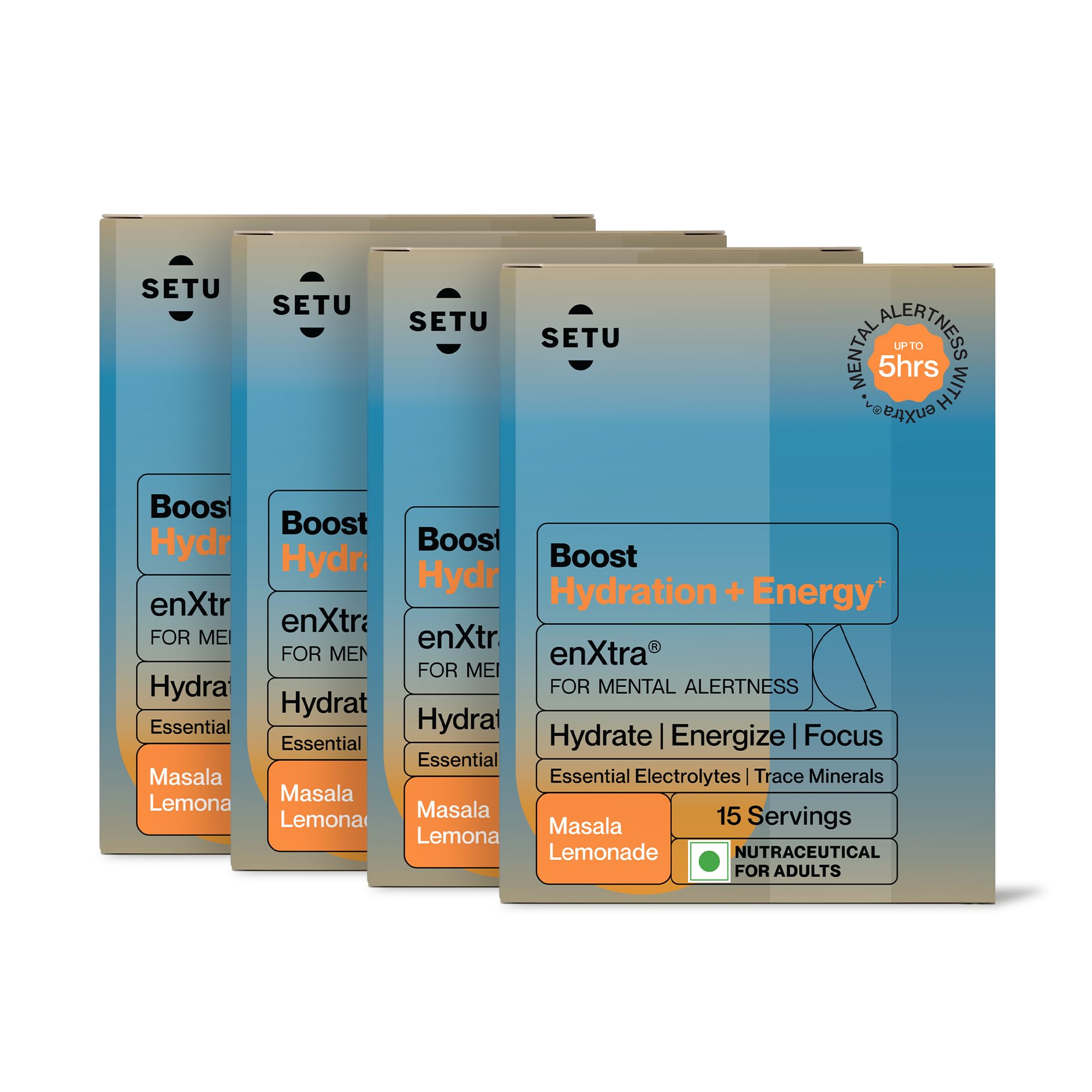 Setu Boost Hydration + Energy Electrolyte Powder Sachets with No Caffeine | Enriched with enXtra® | Masala Lemonade Flavor | Pack of 4 | 60 Sachets-image-39