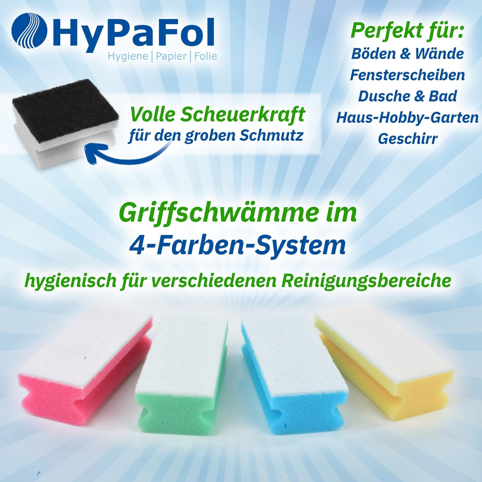 HypaFol Schwamm für Möbel in blau-weiß 120 Stück I Sanfter Putzschwamm für empfindliche Oberflächen I Reinigungsschwamm für Türen, Fensterbänke, Tische & Stühle I XL Griffschwamm mit 5mm Scheuerseite