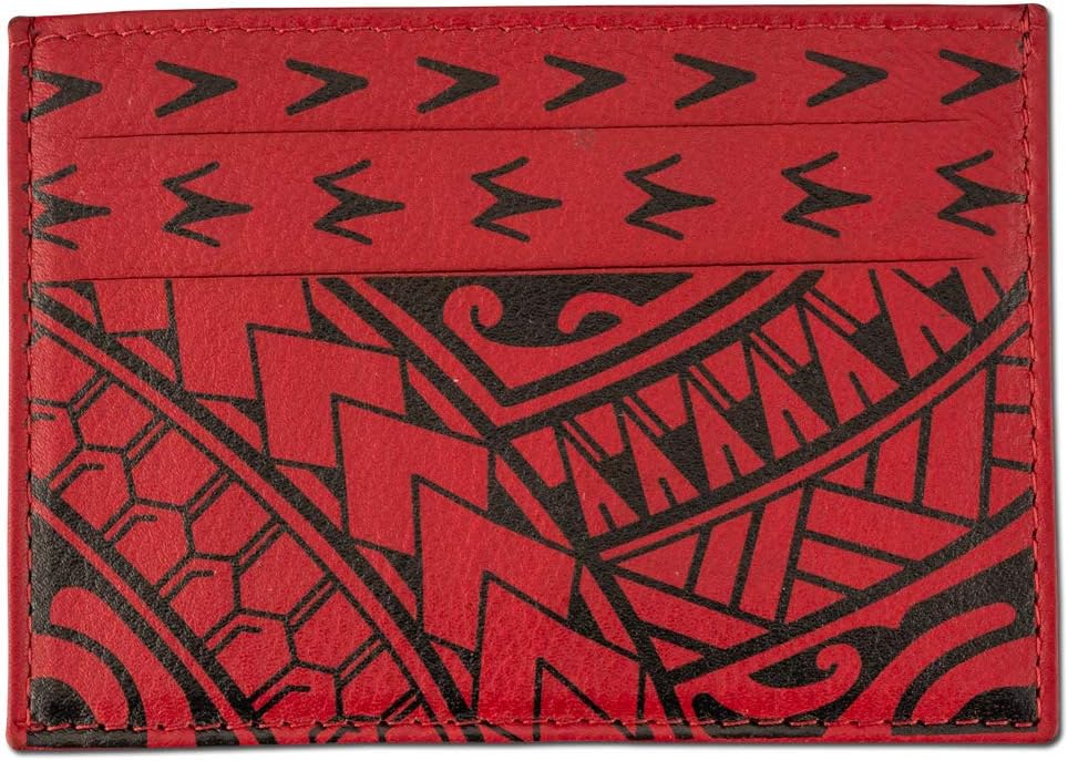 Polynesian Tattoo Leather Credit Card Holder Super Slim Wallet "Hiku" with Tribal Tattoo art by Eugene Ta’ase (Red) from