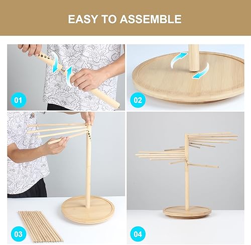 Miniatura 6 de Kcgani Estante de secado plegable para pasta, estante de secado para fideos con bandeja giratoria, soporte grande de madera de bambú para secadora