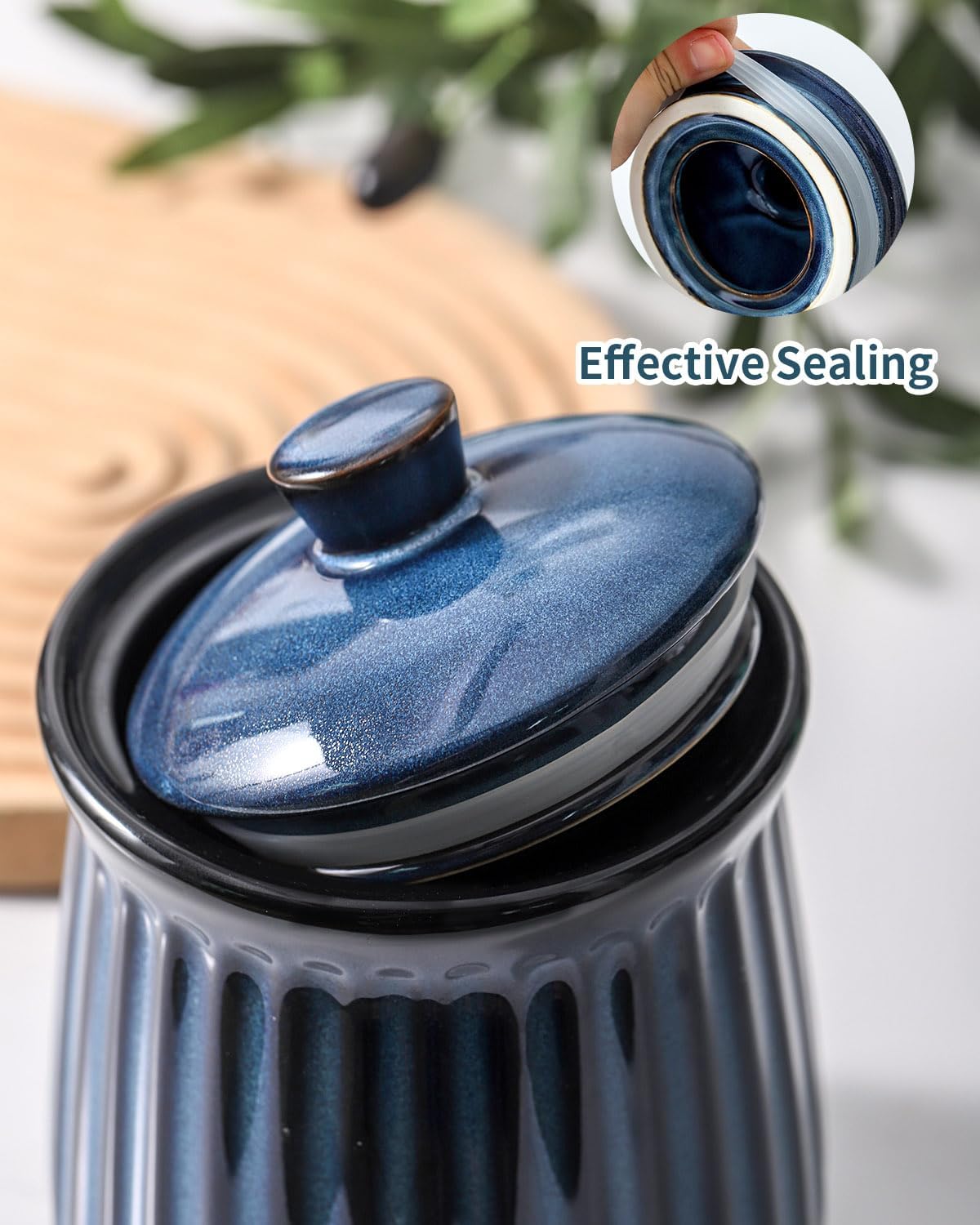 Hasense 2 Piece 7.3” x 6.2” Utensil Holder, 35 oz Ceramic Food Storage Jar, Navy Blue