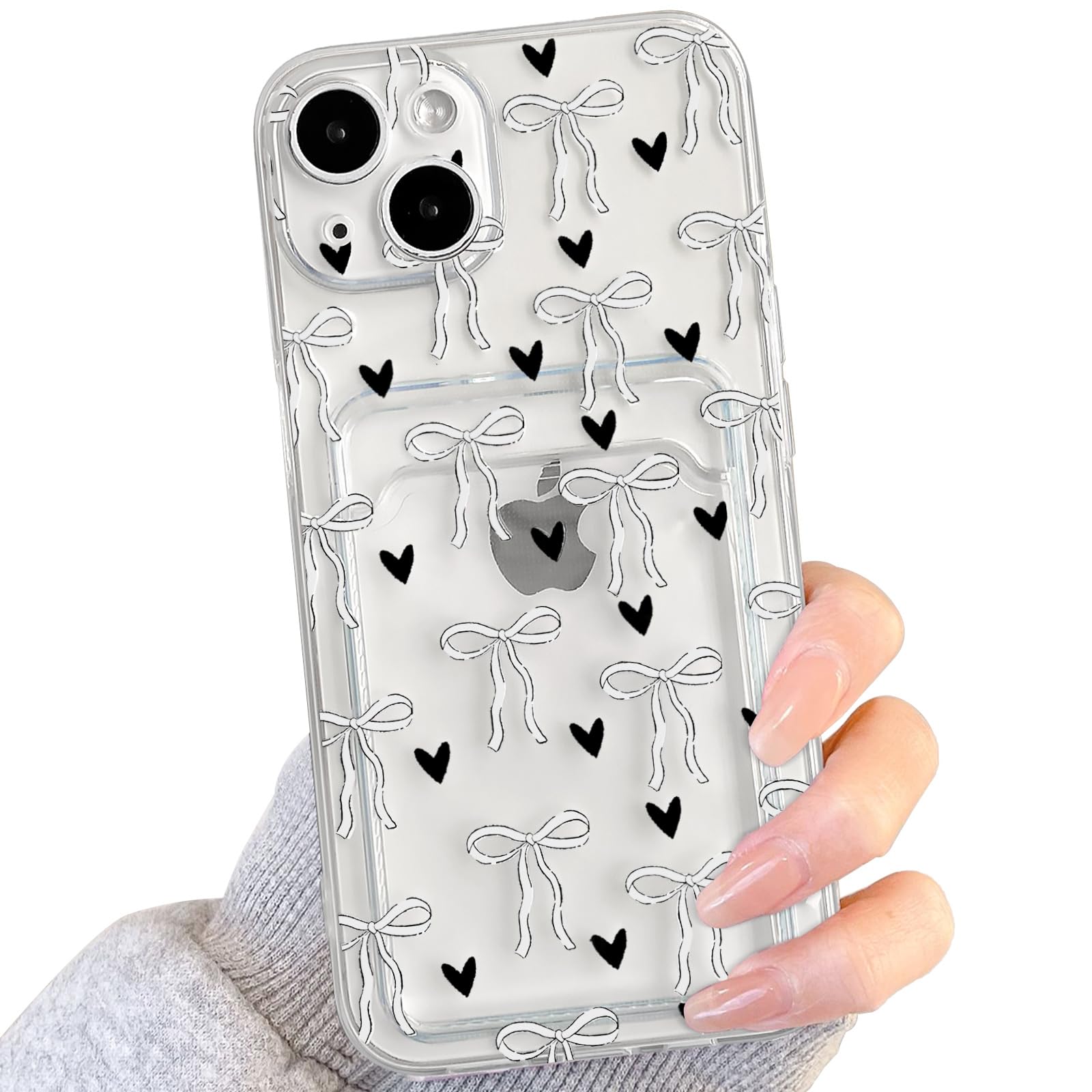 NITITOP Compatible with iPhone 13 Case Clear with Card Holder Cute Bowknot Pattern Bow Ribbon Little Love Hearts for Women Girls Soft TPU Wallet Case