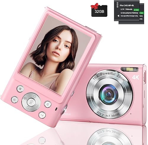 Cámara digital 4K, cámara de enfoque automático de 48 MP para YouTube, cámara compacta para fotografía con zoom digital de 16X, tarjeta SD de 32 GB,