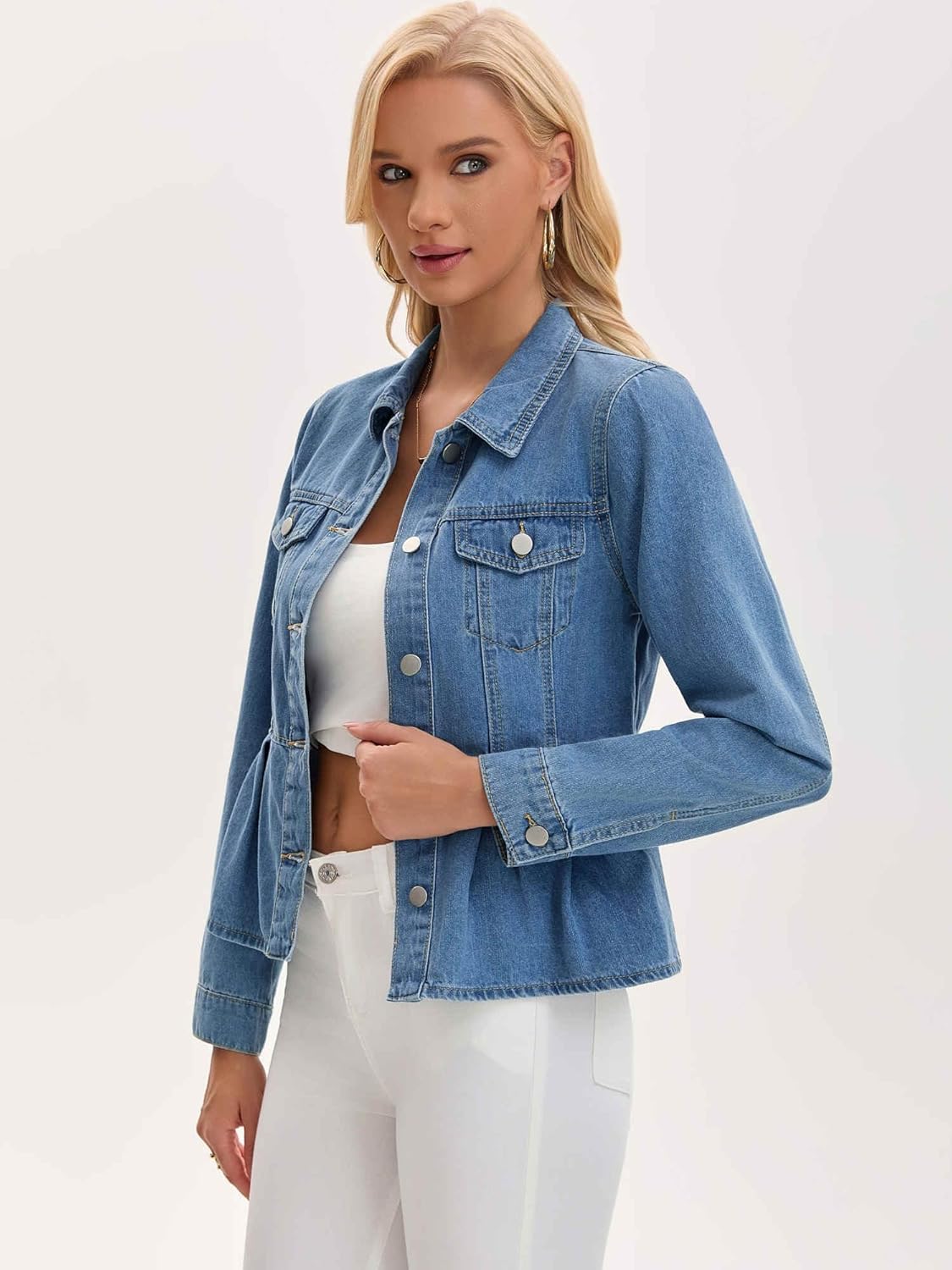 Women's Denim Jacket Button Down Collar Ruffle Hem with Pockets Peplum Jean Jackets - Image 2