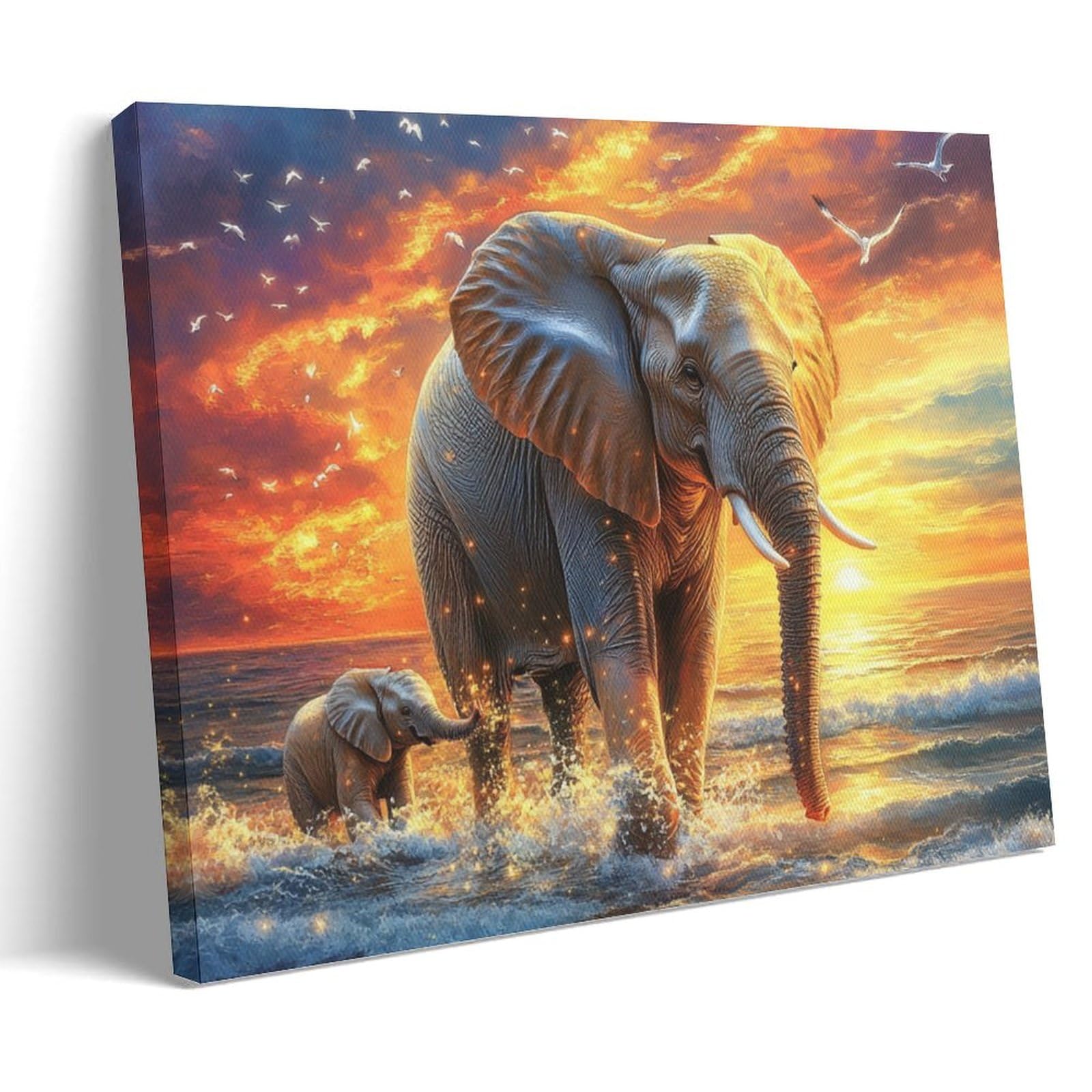 GMUKIFFY Watercolor River Elephant Painting on Canvas Wall Art Vintage Animal Sunset Birds Stretched And Framed Canvas Prints Artwork for Home Decorations Ready to Hang Wall Decor 16x24inch(40x60cm)