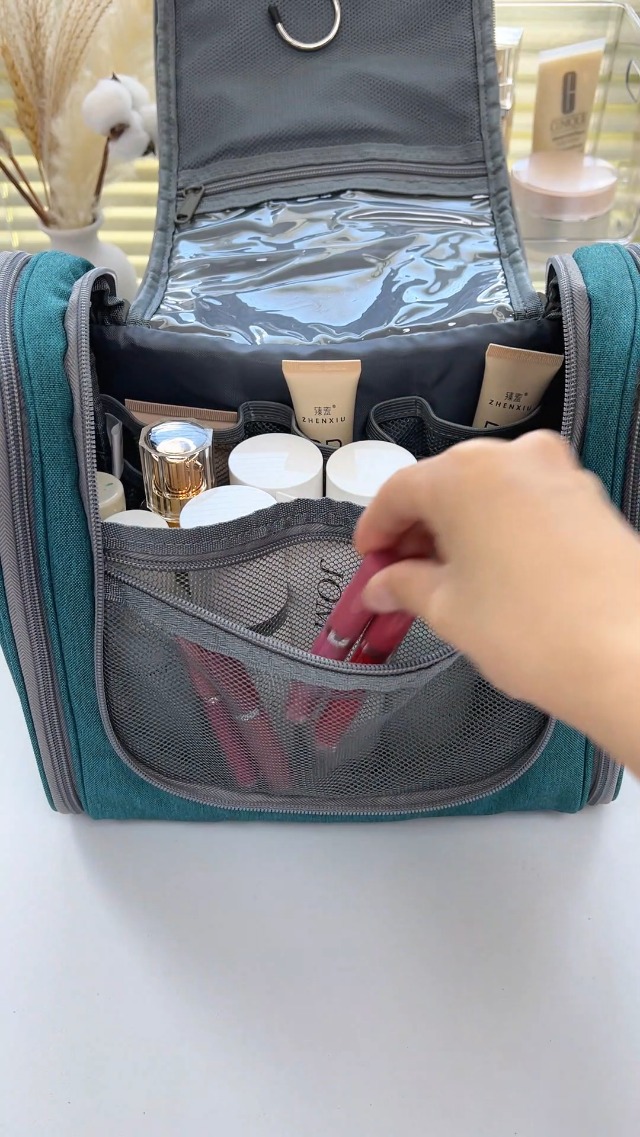Narwey Borsa Da Toilette Appendibile, Beauty Case Da Viaggio Con Gancio, Organizer Per Uomo E Donna, Capiente 26 Cm, Blu Verde - 2