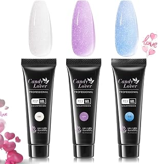 Candy Lover Nail Extension Gel, 3 Colors Poly Nail Builder Gel, Glitter Clear Purple Blue Nails Thickening Solution Manicure Kit