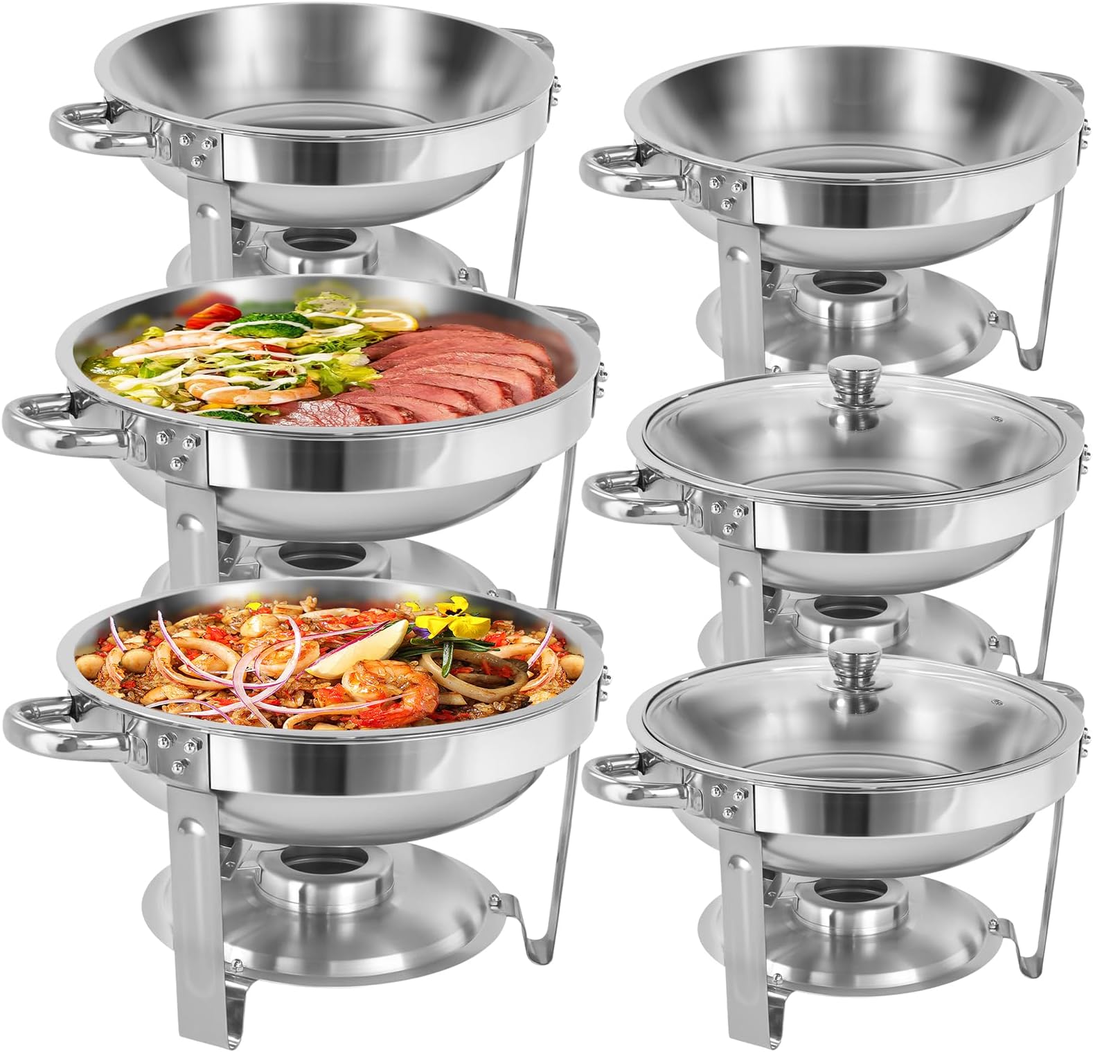 Chafing Dishes Buffet Set, 3.5 Litre Round Chafing Dishes, Chafing Dishes for Buffet, Stainless Steel Chafer with Glass Lid, Food Warmers for Any Parties (6 Pack)