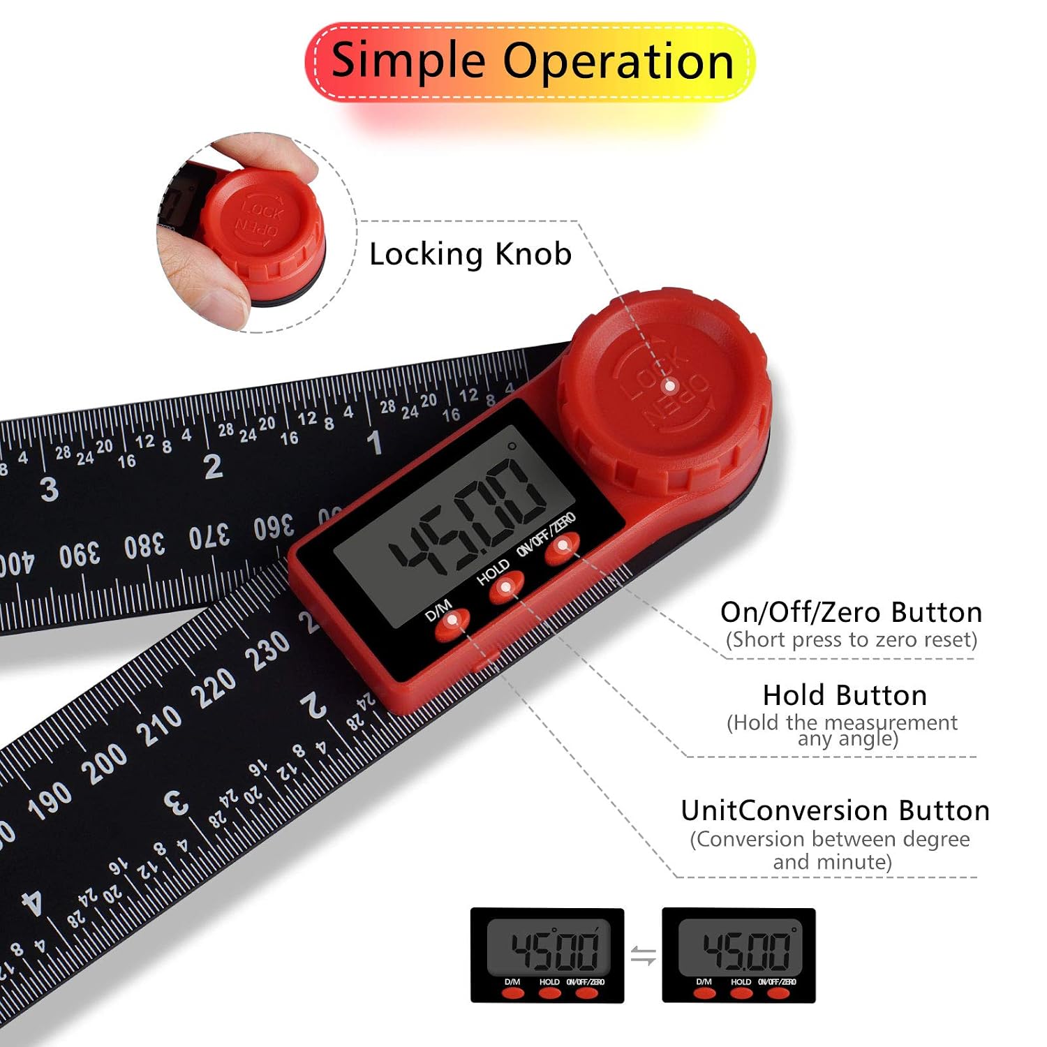 (300mm) 2 in 1 Digital Protractor Angle Finder, Aweohtle 360 ° Protractor with Measuring Rulers for Angle Finder with LCD Display, Hold and Locking Function for Woodwork, Home Work, Craftsmen