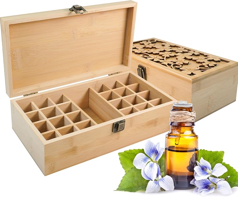 Pure Vie Estojo de Bambu para Armazenamento de Óleos Essenciais com 24 Compartimentos e Etiquetas para Tampas