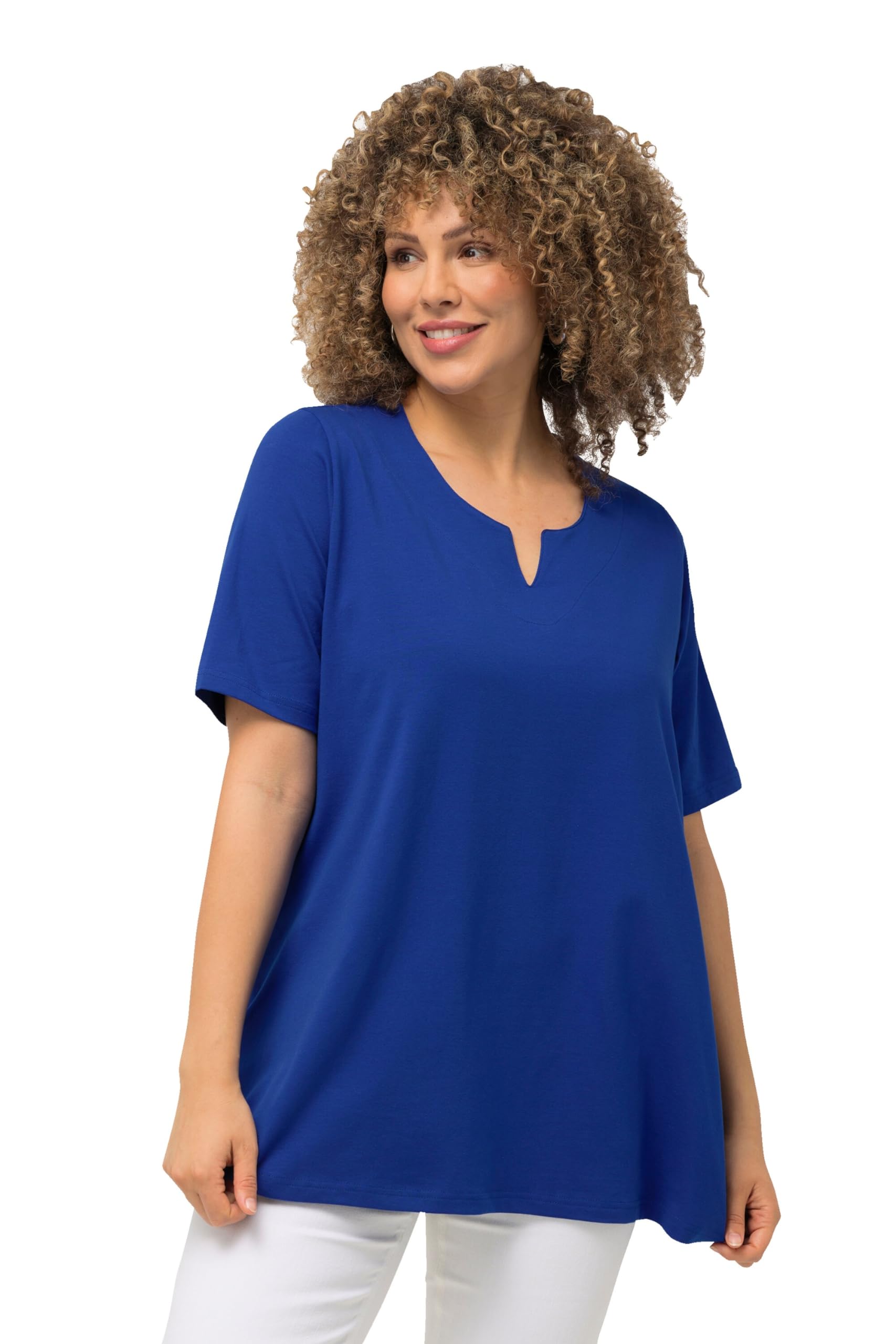 Ulla Popken Womenswear Plus Size Curvy Essential Notch Neck Stretch Tee Cobalt Blue 58+ 807259760-58+