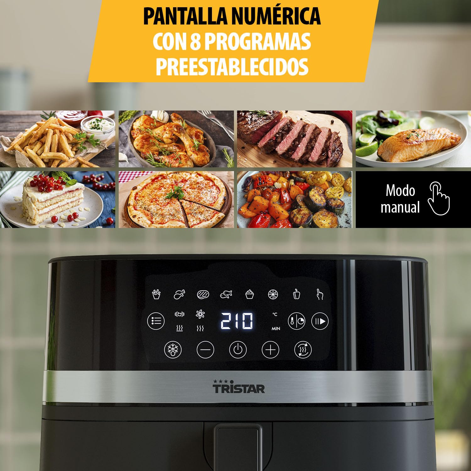 Tristar Freidora de Aire Digital, 8L Capacidad, 2000W, Pantalla LED Táctil, 7 Programas + Manual, Función Precalentar y Mantener Caliente, Aviso de Agitación, Recubrimiento Antiadherente, FR-9418