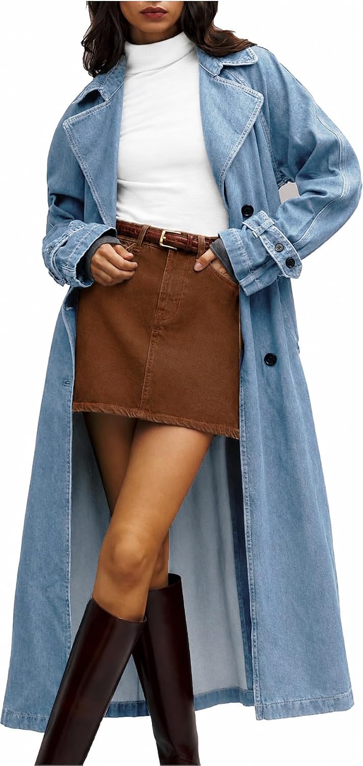 Women's Denim Trench Coat Jean Midi Overcoat Classic Lapel Long Jackets