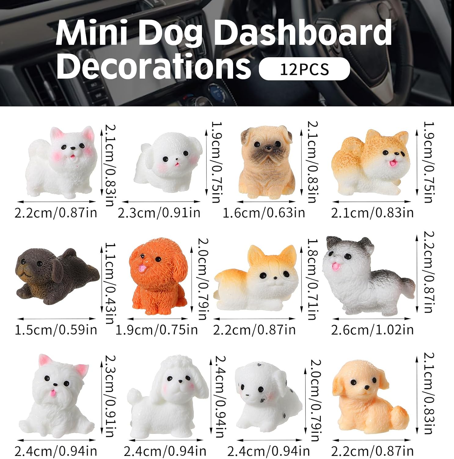 12 Pcs Dog Figurines, Cute Mini Car Dashboard Decorations, Resin Dog Car Dash Decorations | Dog Monitor Figurine, Adorable Figurines for Dashboard Decor for Interior, Small Animal Car Accessories Home Decor