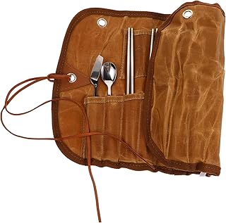 Milisten 1 Juego Bolsa De Almacenamiento De Cubiertos Kit De Utensilios Bolsa Organizadora De Cubiertos De Camping Herramientas Para Cocinar Para Acampar Tenedores Plegables Lona. Marrón