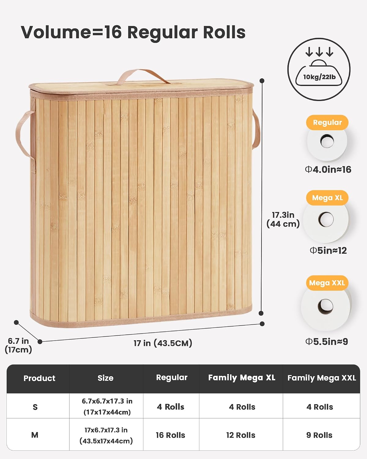 Bamboo Toilet Paper Storage Basket with Lid & Handle - 32L Large Capacity Handwoven Bathroom Organizer for 16 Rolls - Sturdy Stand Holder for Toilet Paper Organization, Natural image 3