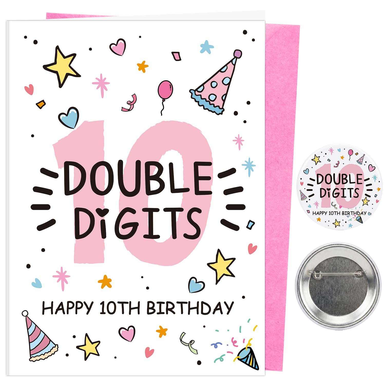 Luvart 10th Birthday Card Gift - Double Digits 10th Birthday Gifts Card for Girl Daughter Granddaughter, Double Digits Design with Badge Pink Envelope for Celebration
