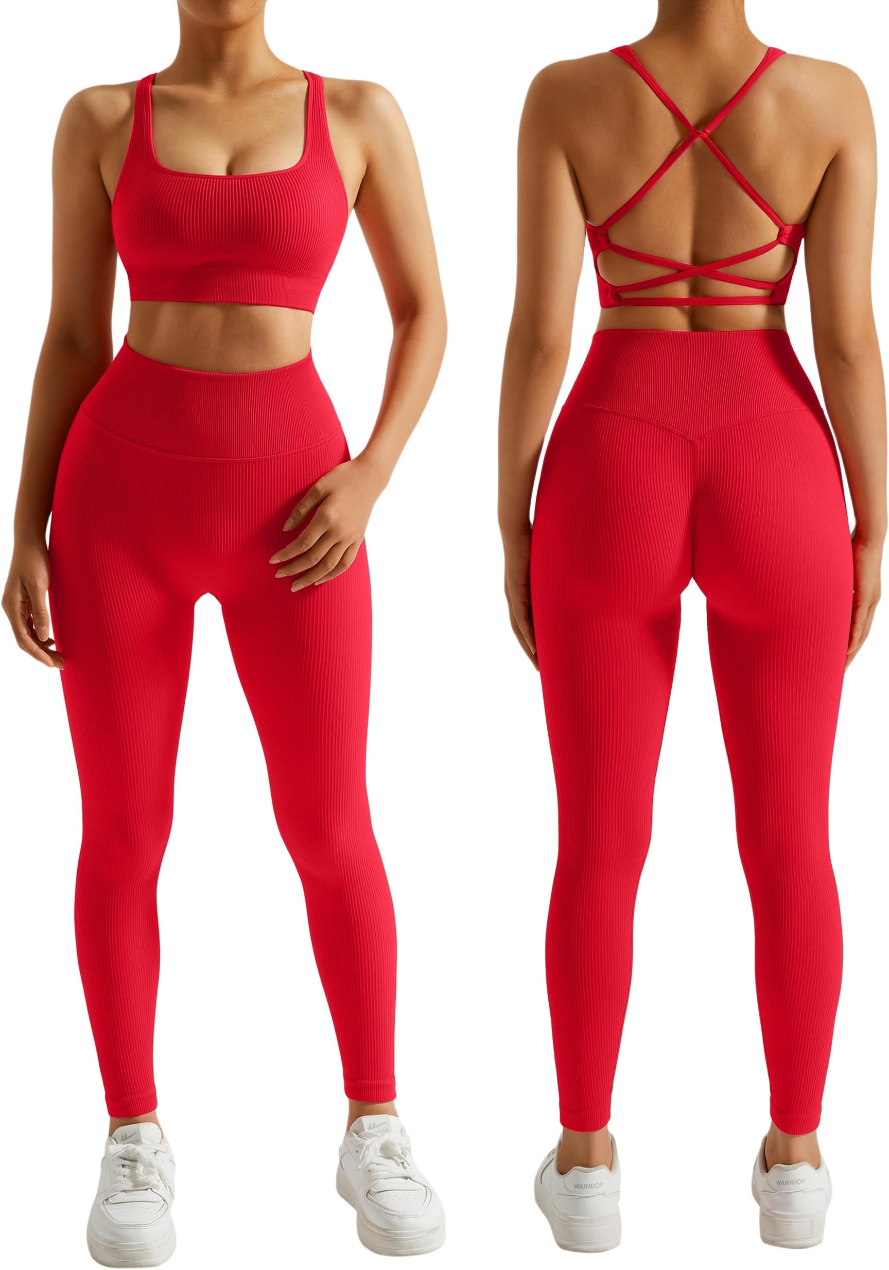 RXRXCOCO Ribbed Workout Sets for Women 2 Pieces Backless Strap Sports Bra Seamless Leggings Matching Set Yoga Outfits, #004 Red, M