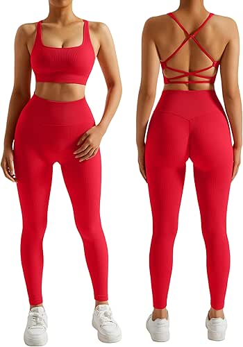 RXRXCOCO Ribbed Workout Sets for Women 2 Piece Backless Strappy