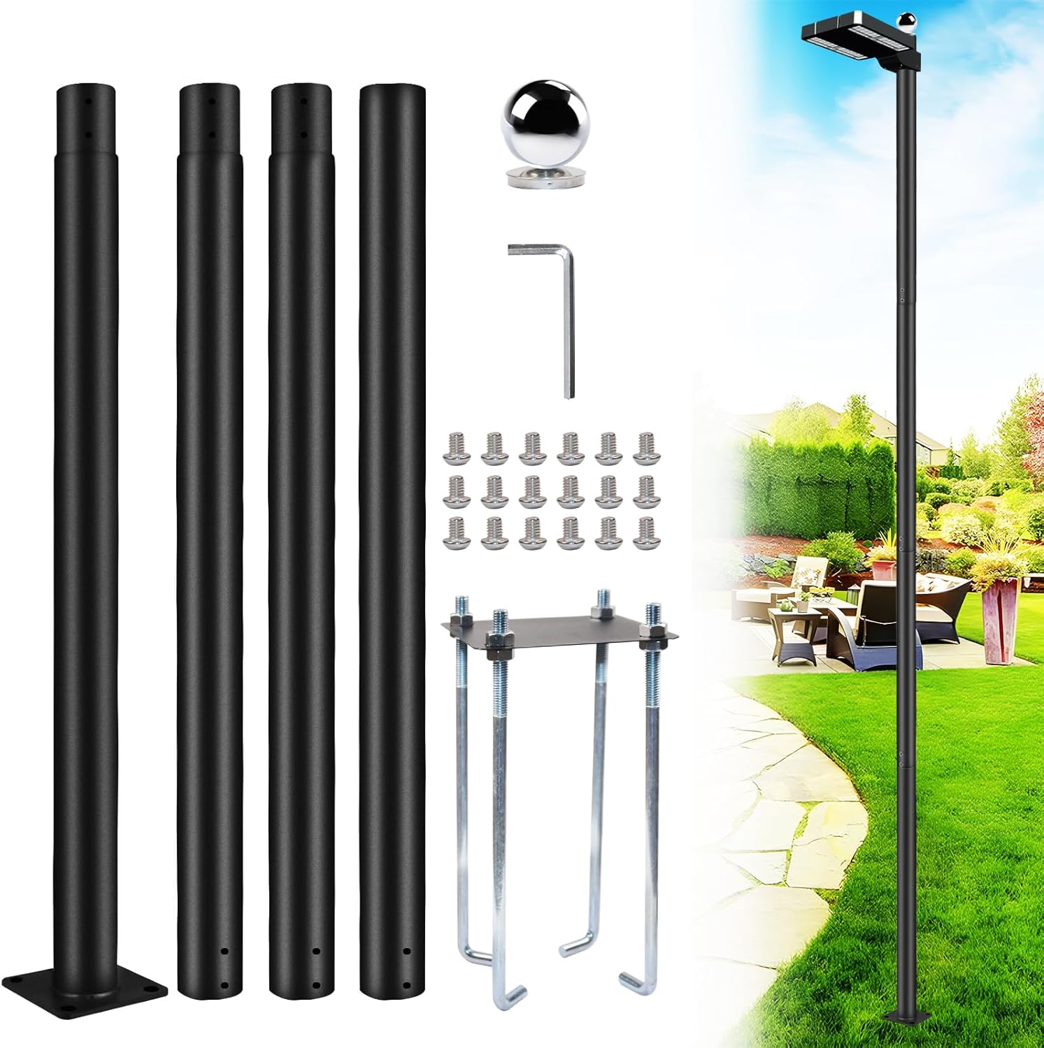 13Ft Street Light Pole Post- Modern Outdoor Solar Street Light Lamp Post with Base, Waterproof Fence for Outside Backyard, Street, Patio,Park,Parking,Walkway(156")