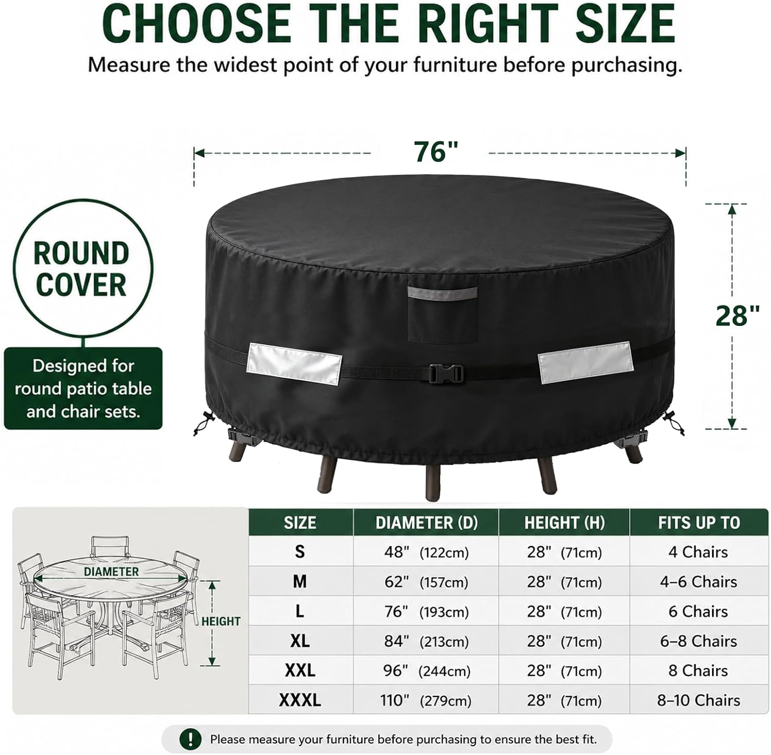 Round Patio Table and Chair Set Cover, 84" Diameter x 28" High, Heavy Duty Waterproof 600D Oxford Outdoor Furniture Cover, UV Resistant Windproof for Round Table & Chairs Combo