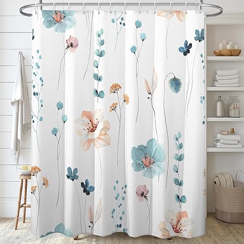 Decoreagy Juego de cortinas de ducha con diseño floral de acuarela, cortinas de baño de flores verde azulado y naranja, cortina de baño moderna