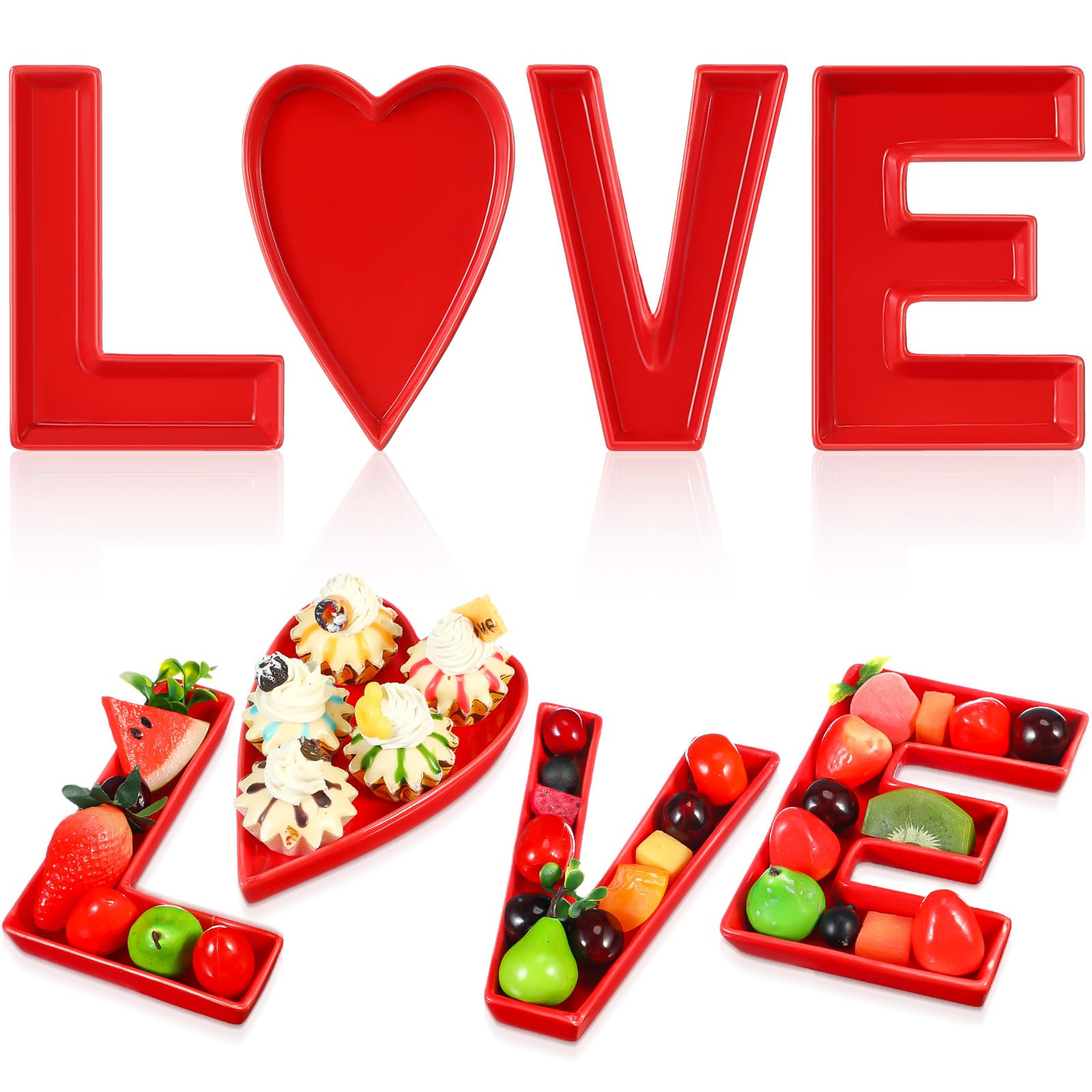 Tioncy 4 Pcs Ceramic Valentine's Love Shaped Candy Bowl Fillable Tray Charcuterie Dish for Fruit Cheese Platter Vegetable Valentine s Day Wedding Birthday Anniversary