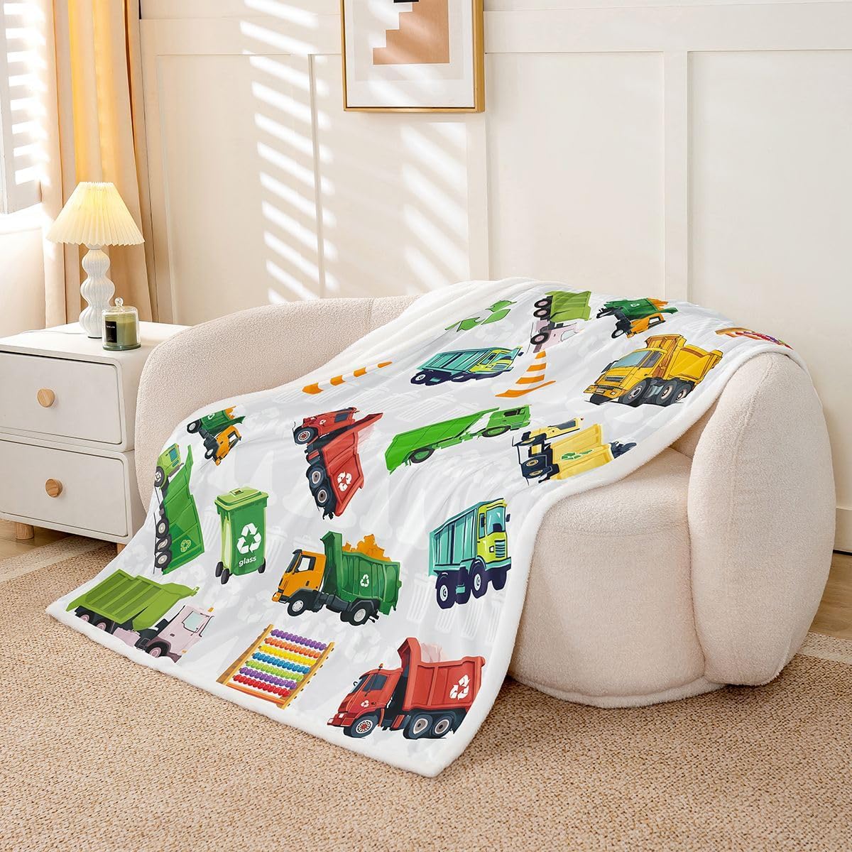 Garbage Track Sherpa Blanket Cartoon Dump Truck Fleece Throw Blanket for Bed Sofa Couch Cartoon Car Plush Blanket Construction Car Fuzzy Blanket Twin 60"x80"