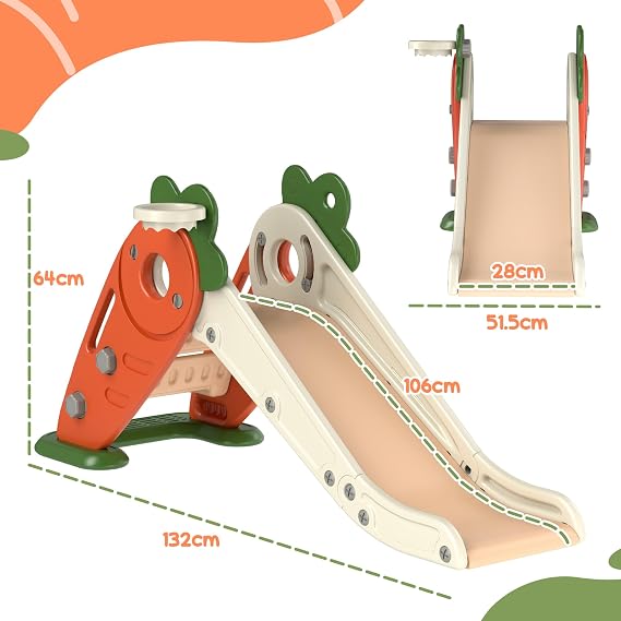 AIYAPLAY Kids Slide 3 in 1 Foldable Toddler Slide Basketball Hoop Orange | Climber, Carrot-Themed Indoor Playset, for 1-3 Years Old