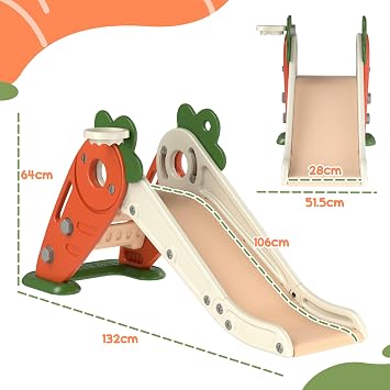 AIYAPLAY Kids Slide 3 in 1 Foldable Toddler Slide Basketball Hoop Orange | Climber, Carrot-Themed Indoor Playset, for 1-3 Years Old