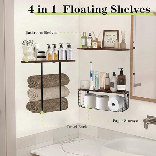 Miniatura 4 de Estantes flotantes sobre el inodoro, estante organizador de baño montado en la pared con cesta de almacenamiento para papel higiénico, estantes de