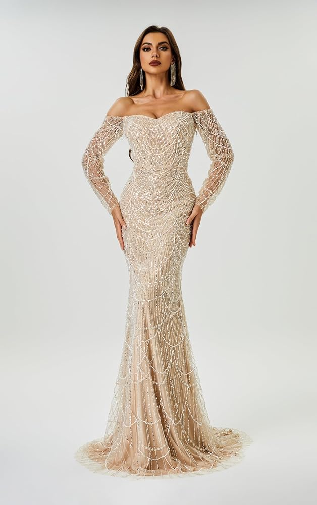 chinese dress ladies Keting Champagne Full Pearls Mermaid Off The Shoulder Prom Gala Evening  Party Dress Shower Pageant Celebrity Gown at Amazon Women's Clothing store